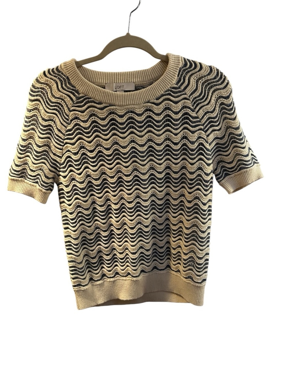 LOFT Short Sleeve Wave Knit Sweater - Cream & Blue